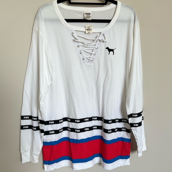 Victoria's Secret Tops - PINK Victoria’s Secret White Varsity Stripe Lace Up Long Sleeve Top Size Medium